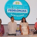 María Clara Luque, presidente de Fedelonjas; Jonathan Malagón, ministro de Vivienda; Mayra Rodríguez, presidente de la Lonja de Cartagena; y Reynel González, vicepresidente de Fedelonjas.