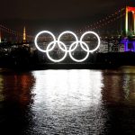 Los anillos olímpicos gigantes que fueron retirados temporalmente en agosto para su mantenimiento se iluminan después de ser reinstalados en el área costera del Parque Marino de Odaiba, en medio del brote de COVID 19, en Tokio, Japón REUTERS/Issei Kato