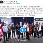 Embajada estadounidense en Colombia anunció reducción en tiempos de espera para ciertas citas de visado