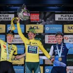 Podium del Critérium du Dauphiné 2024 Matteo Jorgenson ,Primoz Roglic y Derek Gee
