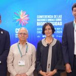 Alfonso García Mora, vicepresidente de IFC para Europa, América Latina y el Caribe; Ricardo Bonilla, ministro de Hacienda de Colombia; Susana Muhamad, ministra de Ambiente de Colombia y Javier Suárez, presidente de Davivienda.Foto Prensa COP16