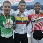 Juan Diego Orlas (Oro), Duván Urrego (Plata) y Kevin Quintero (Bronce) en Velocidad Juvenil (Fedeciclismo)
