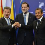 Presidentes de Colombia, España y Perú durante la firma del acuerdo para la eliminación de la visa Schengen