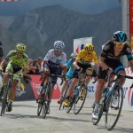 Tour de France 2015 - 22/07/2015 - 17ème Etape - Digne les Bains / Pra Loup - 161km - Richie PORTE (SKY), Christopher FROOME (SKY), Nairo QUINTANA (MOV), Alberto CONTADOR (TCS) et Vicenzo NIBALI (AST) au sommet du col d'Allos.