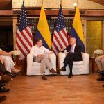 Reunión del Presidente Juan Manuel Santos y el Vicepresidente de Estados Unidos, Joe Biden, junto con sus delegaciones, este jueves en la Casa de Huéspedes Ilustres de Cartagena.