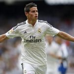 Real Madrid's James celebrates his goal against Deportivo Coruna during their Spanish First Division soccer match at the Riazor stadium in Coruna