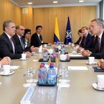 Reunión de trabajo del Presidente Iván Duque y el Secretario General de la OTAN, Jens Stoltenberg, junto con sus respectivas delegaciones, este martes en Bruselas.